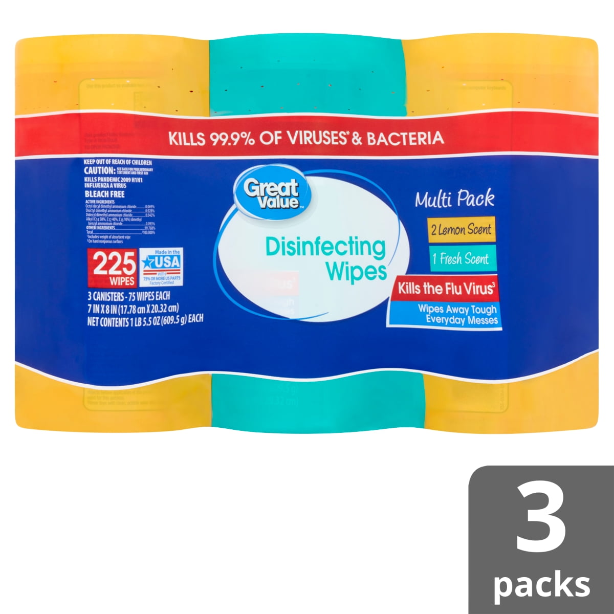 Great Value Disinfecting Wipes, Lemon and Fresh Scent, 225 Count, 3 Pack