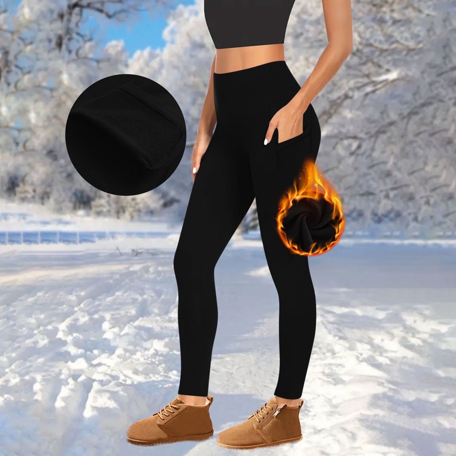 Kvture Women's High Waisted Fleece Lined Leggings Winter Plush Warm Leggings with Pockets Solid Color Tummy Control Yoga Pants Outdoor Tights Black XL