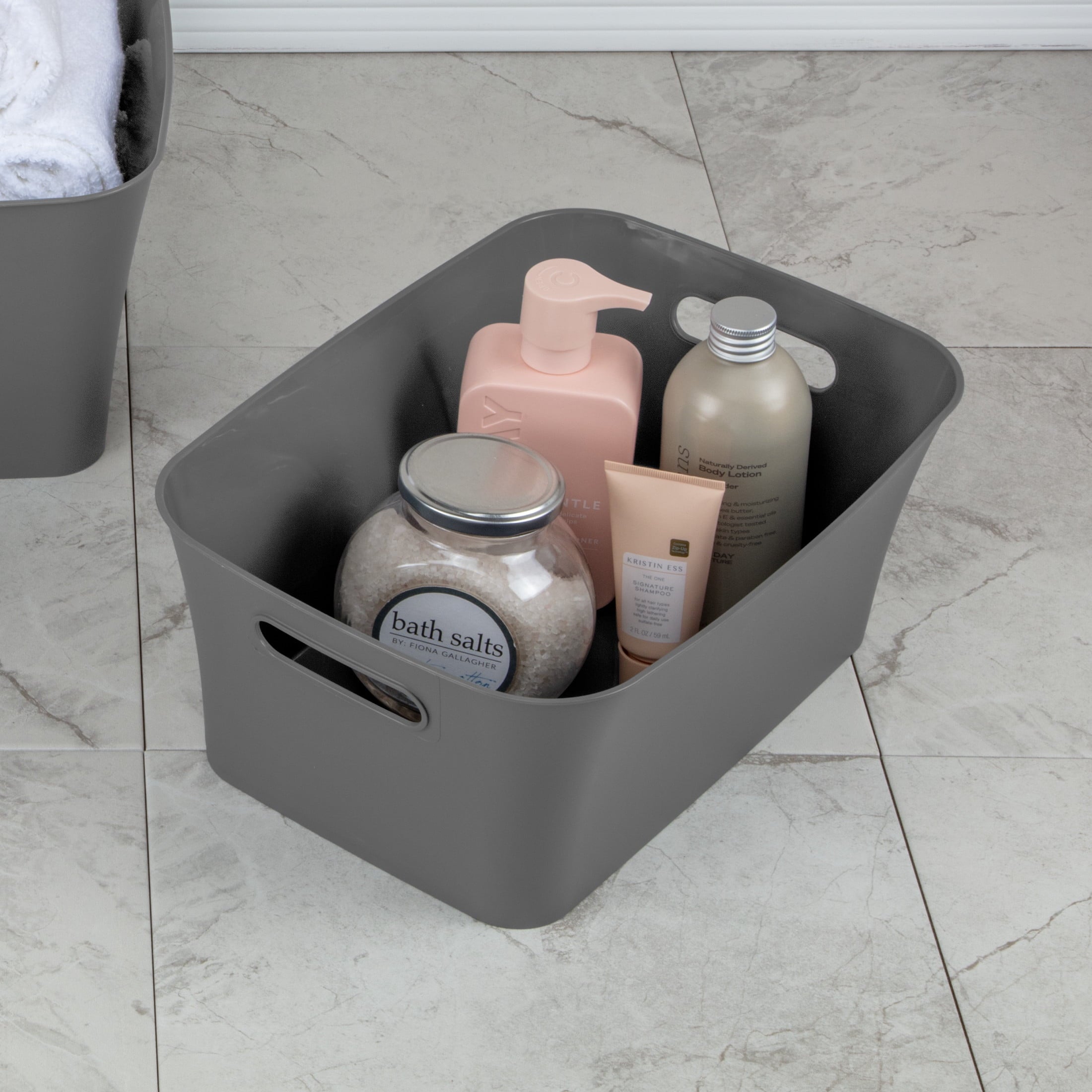 Mainstays Medium Gray Plastic Storage Bin, 13.8 in x 9.5 in x 5.8 in