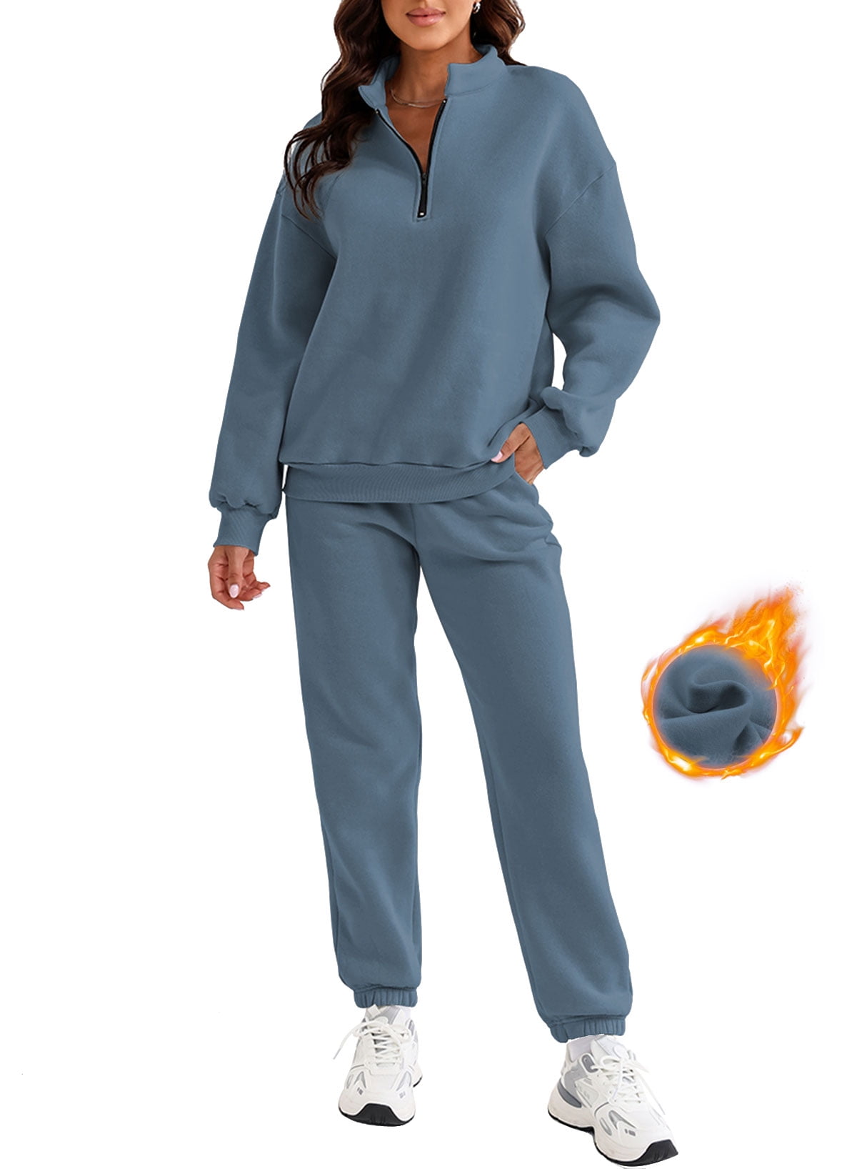 SHEWIN Women's Sweatsuits Fleece Lined Jogger Set Lounge Sets Long Sleeve Sweatshirt Long Sweatpants Two Piece Outfit Tracksuit Pullover Sets Blue XL