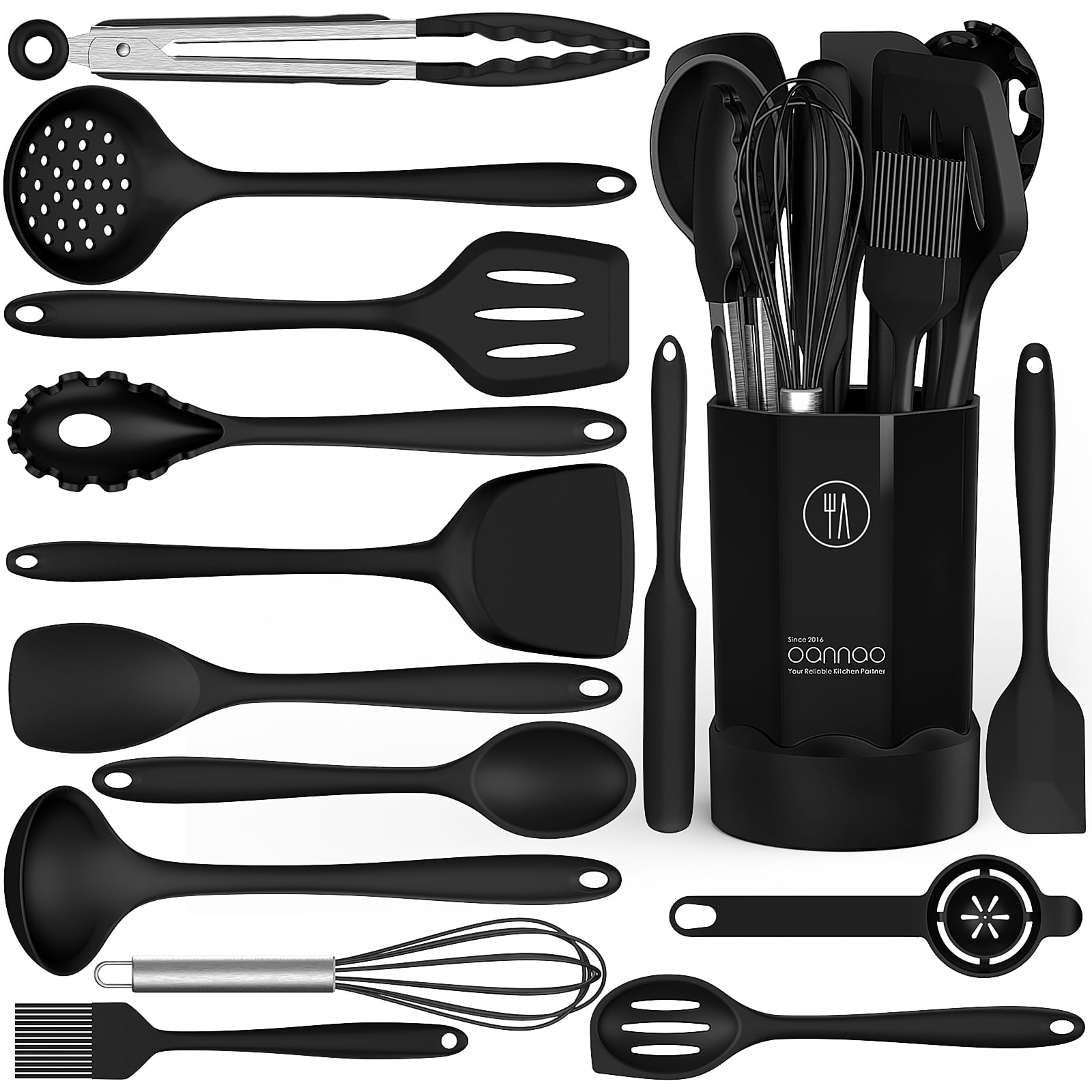 Black Silicone Cooking Utensils Set - 446°F Heat Resistant Kitchen Utensils,Turner Tongs,Spatula,Spoon,Brush,Whisk,Kitchen Utensil Gadgets Tools Set for Nonstick Cookware,Dishwasher Safe (BPA Free)
