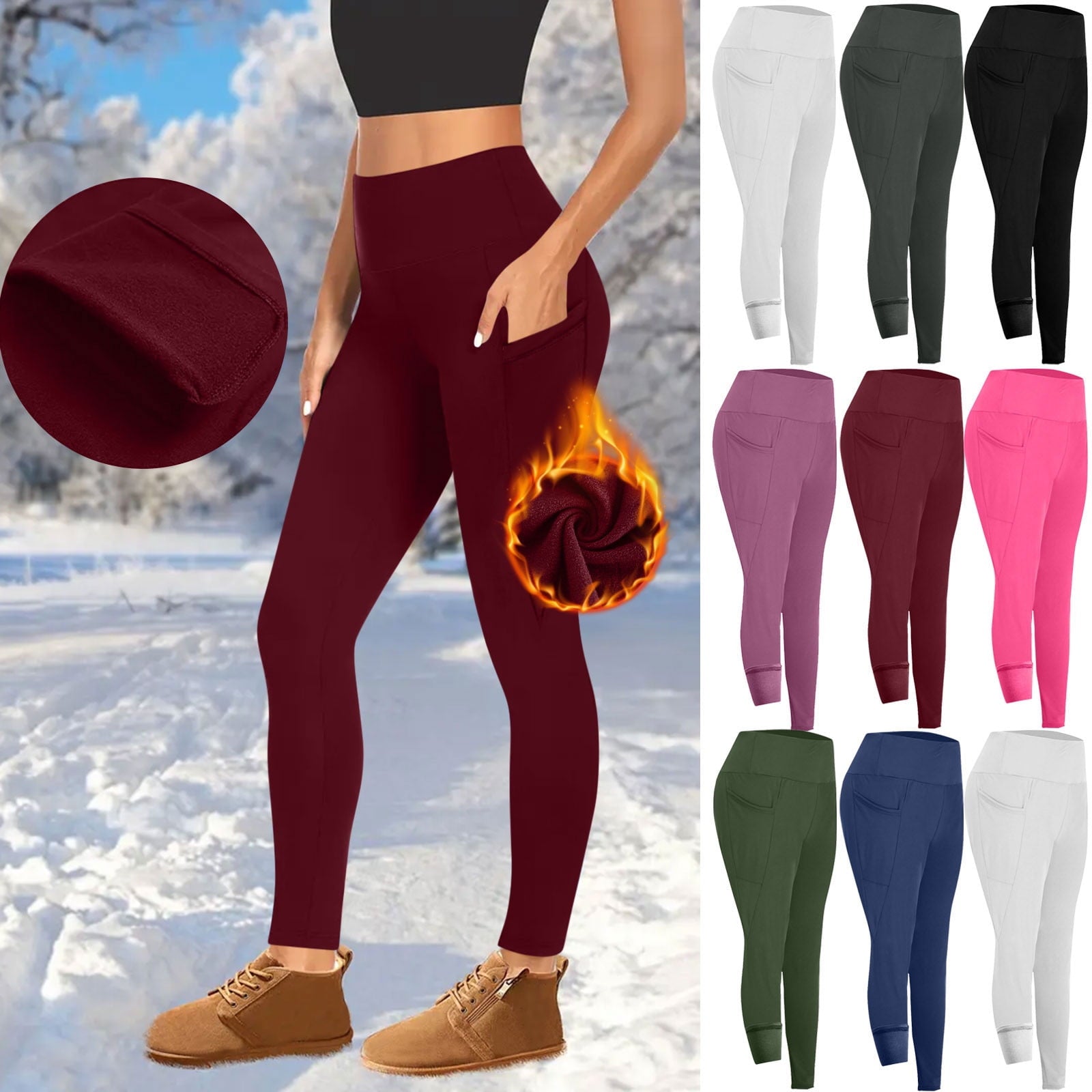 Kvture Women's High Waisted Fleece Lined Leggings Winter Plush Warm Leggings with Pockets Solid Color Tummy Control Yoga Pants Outdoor Tights Black XL