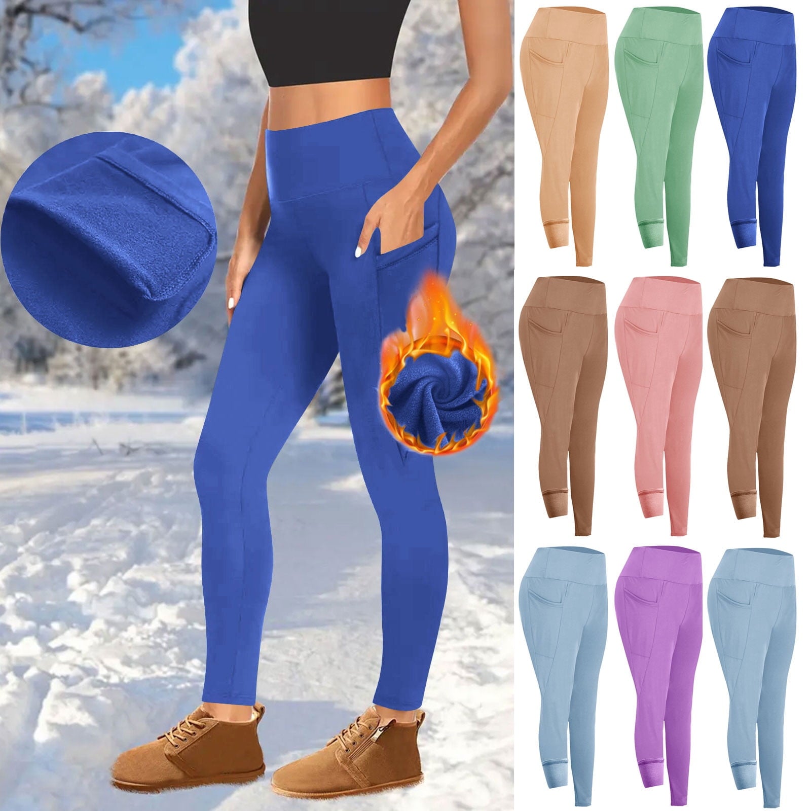 Kvture Women's High Waisted Fleece Lined Leggings Winter Plush Warm Leggings with Pockets Solid Color Tummy Control Yoga Pants Outdoor Tights Black XL