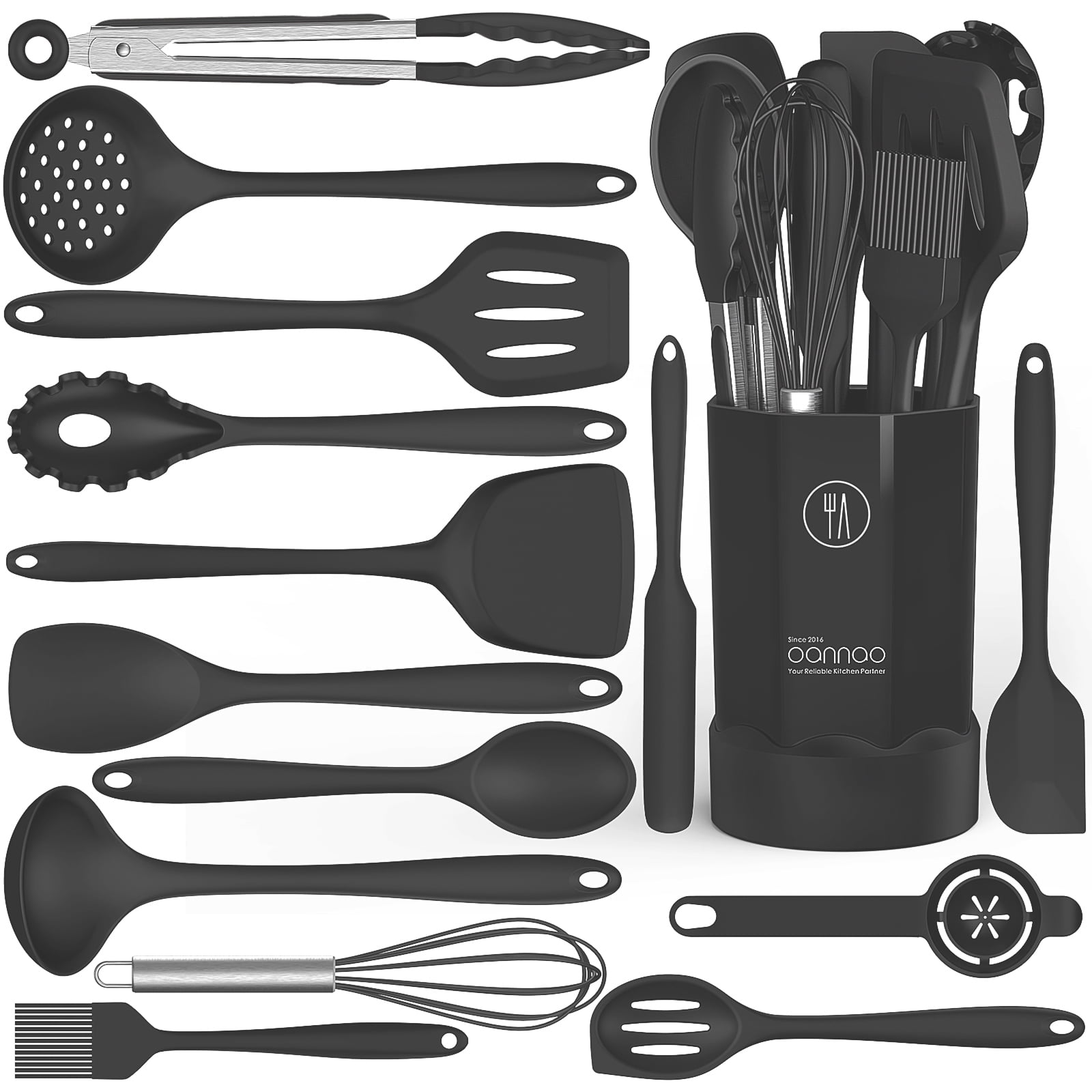 Black Silicone Cooking Utensils Set - 446°F Heat Resistant Kitchen Utensils,Turner Tongs,Spatula,Spoon,Brush,Whisk,Kitchen Utensil Gadgets Tools Set for Nonstick Cookware,Dishwasher Safe (BPA Free)