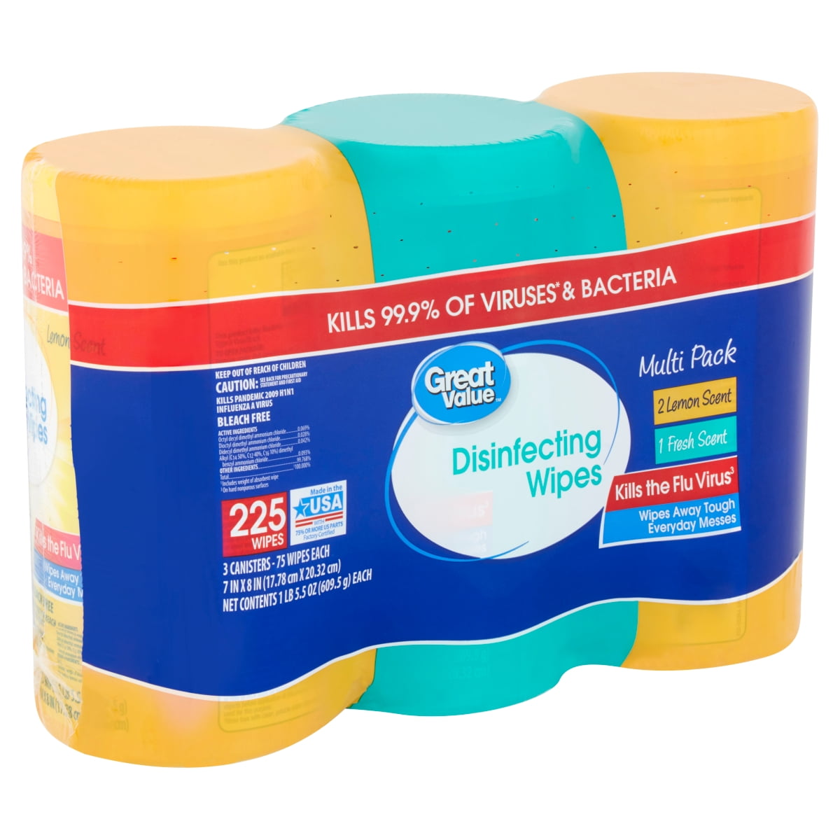 Great Value Disinfecting Wipes, Lemon and Fresh Scent, 225 Count, 3 Pack