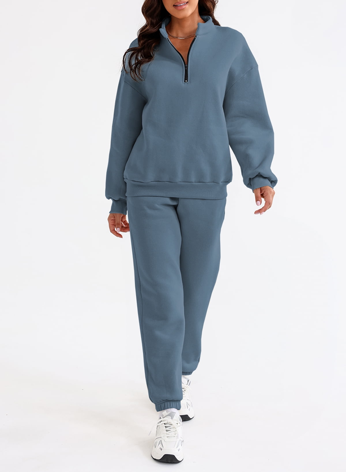 SHEWIN Women's Sweatsuits Fleece Lined Jogger Set Lounge Sets Long Sleeve Sweatshirt Long Sweatpants Two Piece Outfit Tracksuit Pullover Sets Blue XL