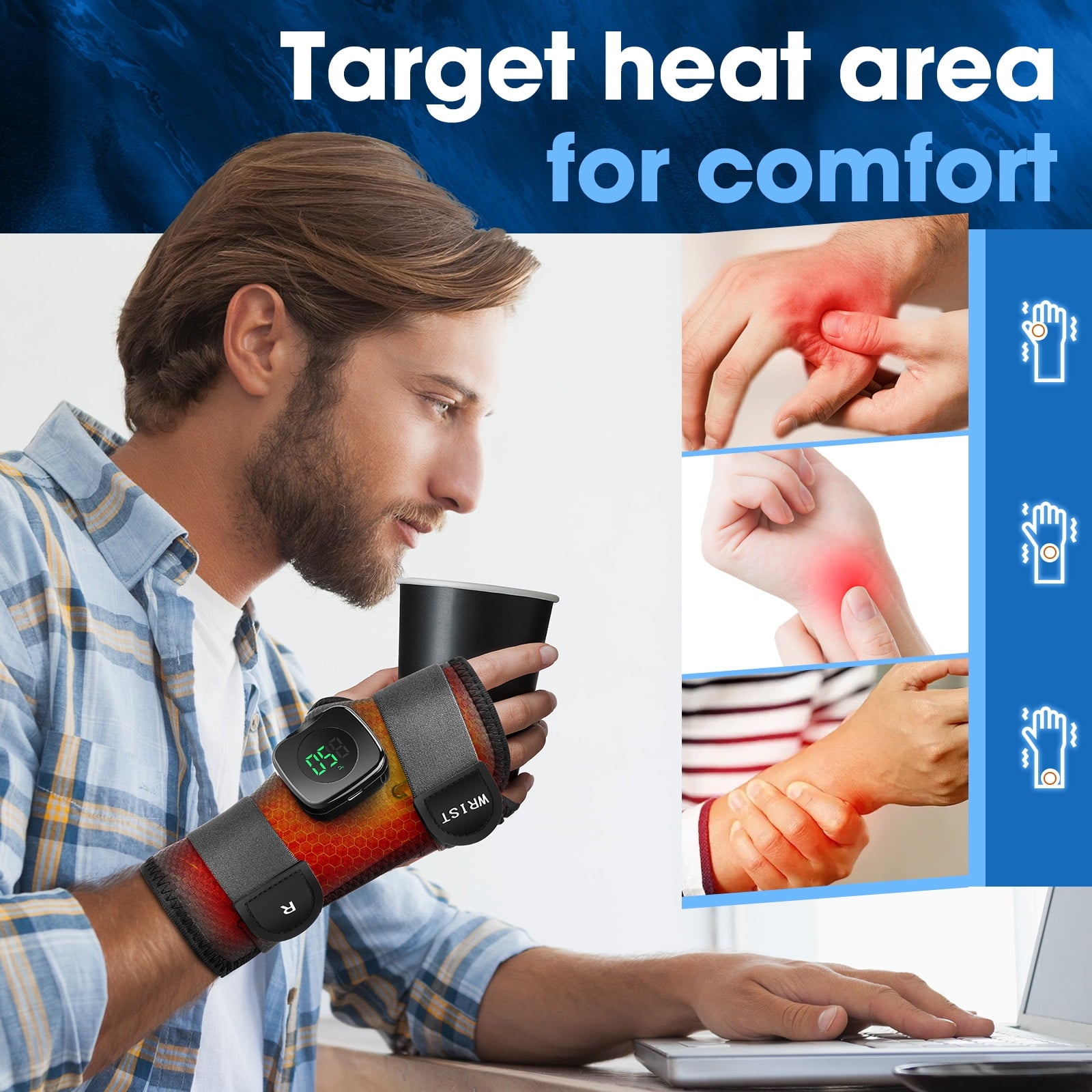 Wrist Heating Pad Wrap, Heated Wrist Brace, Cordless Heating Wrist Wrap , Hand Heating Pad,3 Heat Levels, Carpal Tunnel Relax, Gifts for Family, Travel,Right Hand,Gray